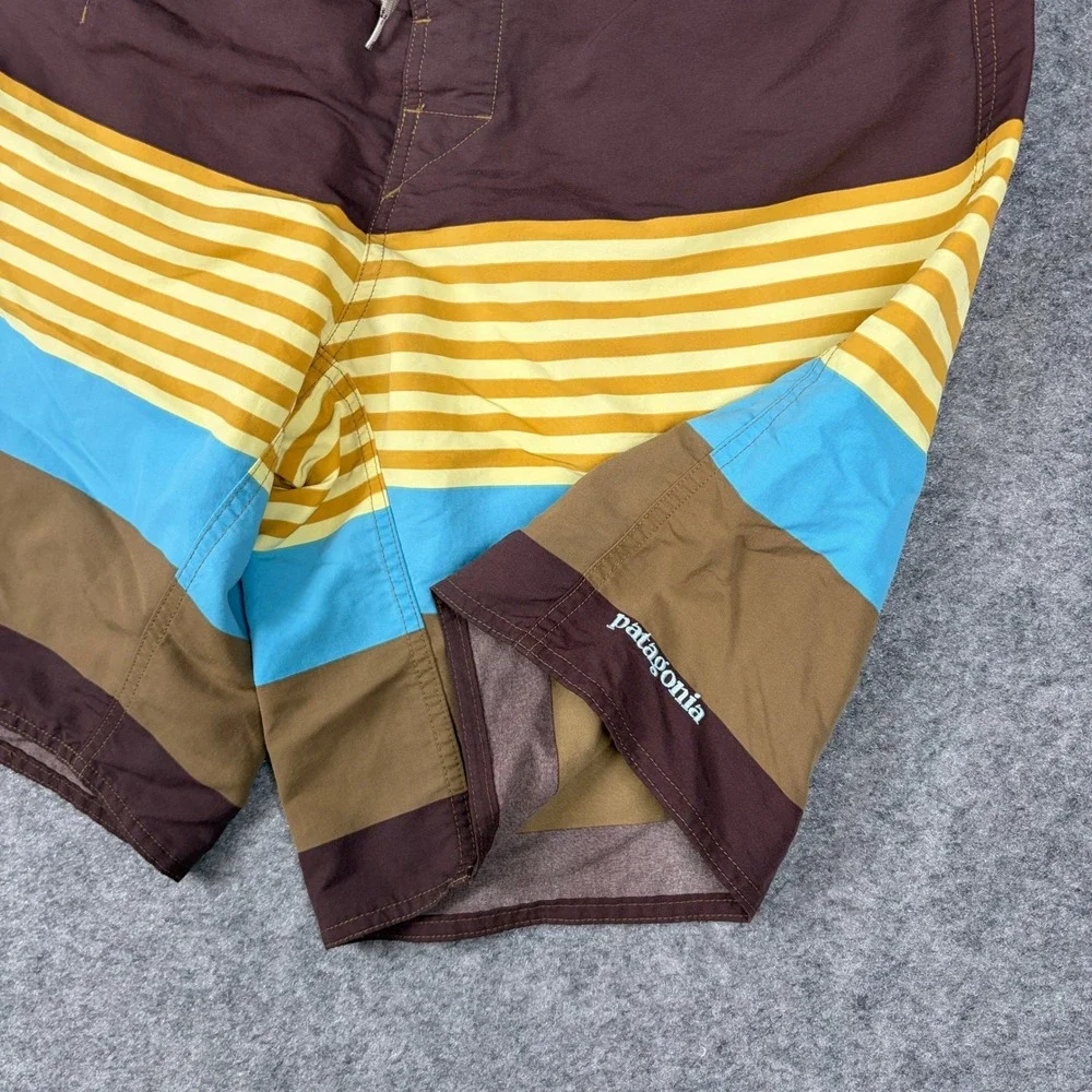 Patagonia Board Shorts Mens 32‎ Brown Blue Yellow Striped Swim Trunks Beach Surf